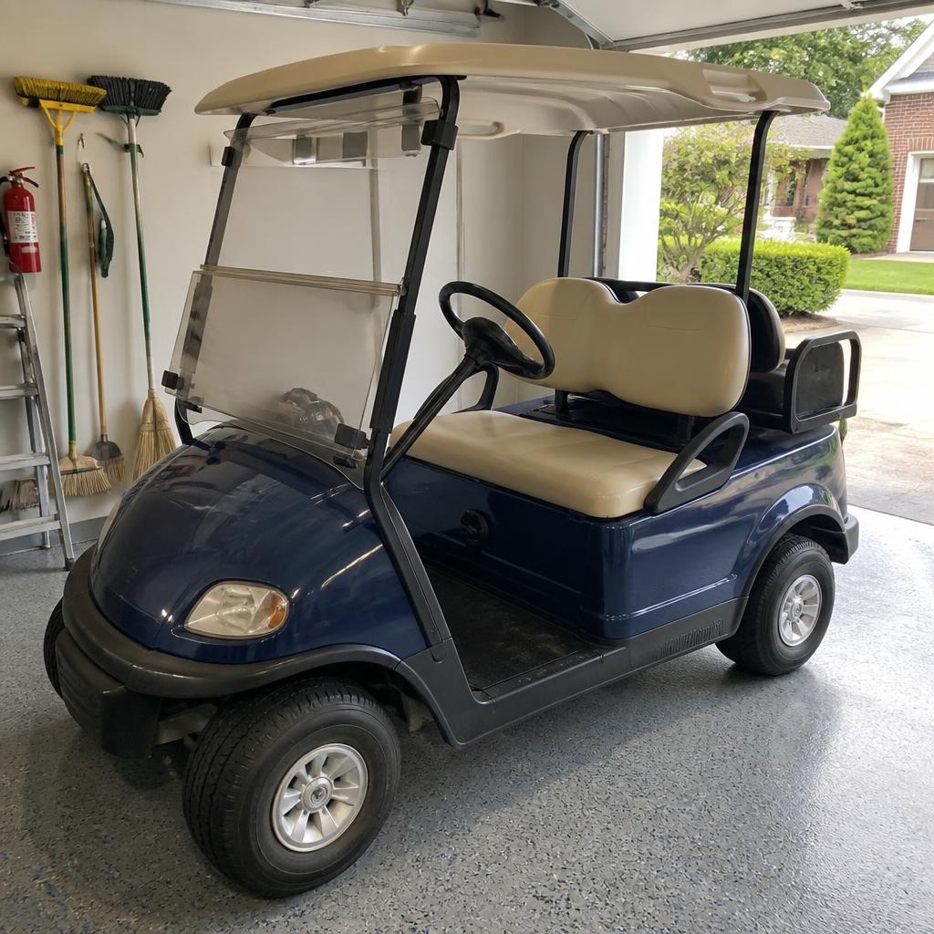 Navy golf cart parked in a residential garage