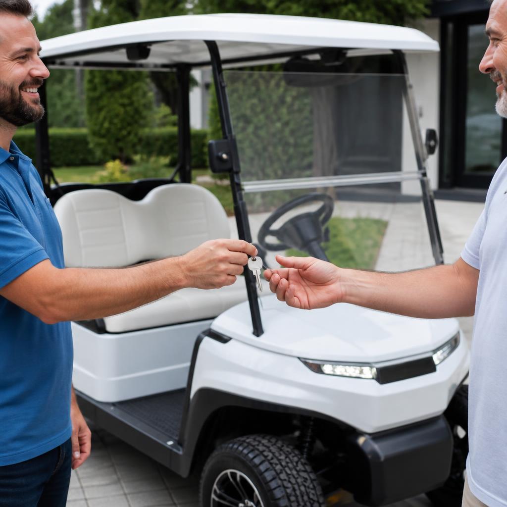 Golf cart owner handing keys to a buyer beside a white golf cart